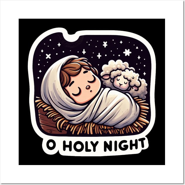 O Holy Night Baby Jesus Sleeping in the Manger with Sheep Wall Art by Plushism